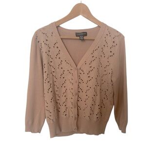 Cable & Gauge Pointelle Embroidered Button Front Cardigan Tan Size Large